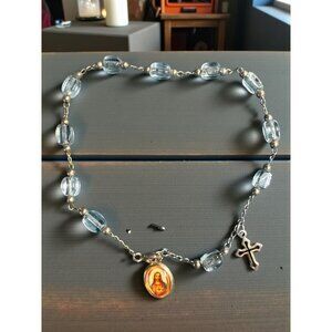 Catholic Rosary Bracelet 9" Blue Beads Sacred Heart Jesus & Cross Charm